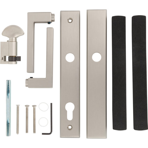 56005503 Rockwell 56 series Contemporary Privacy Multipoint Door Handle Set With 7.874″ CTC Screwholes in Brushed Nickel Finish - Image 2