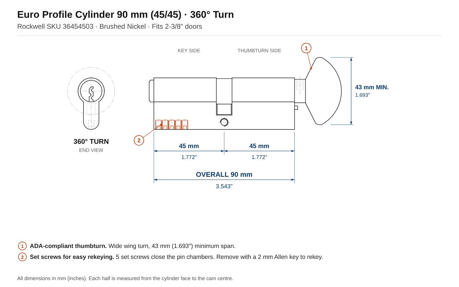 Rockwell 36454503 90 mm (45/45) 360 degree euro profile cylinder dimension drawing in mm and inches