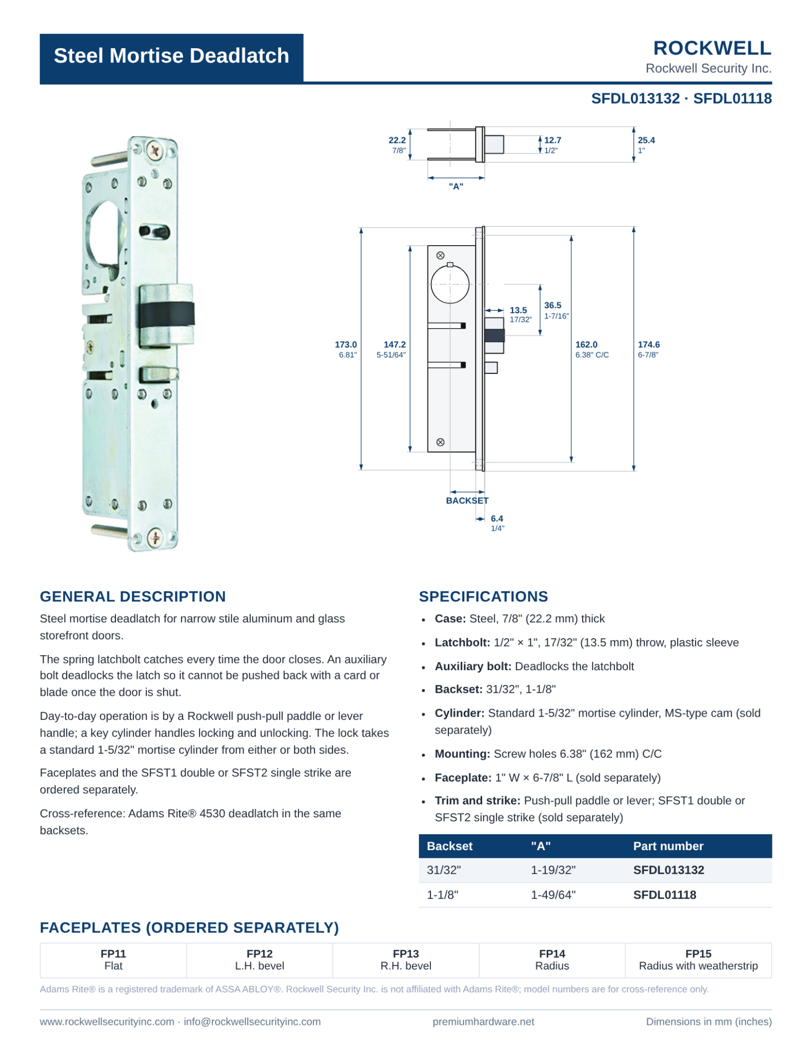 Rockwell steel mortise deadlatch cut sheet with dimensions, SFDL013132 and SFDL01118